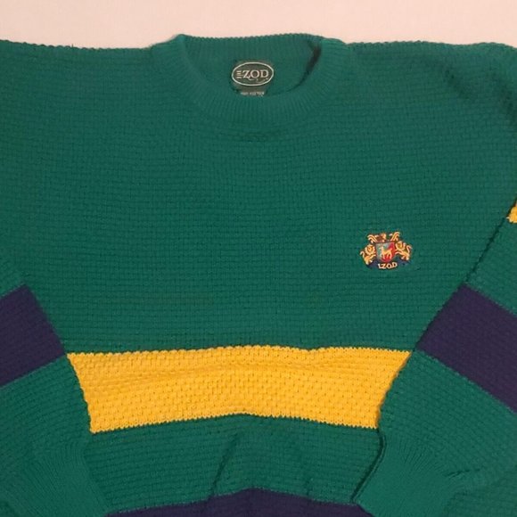 Vintage Izod Chunky Cable Knit Tennis Sweater V Neck Size M Green Blue Yellow - Picture 2 of 10